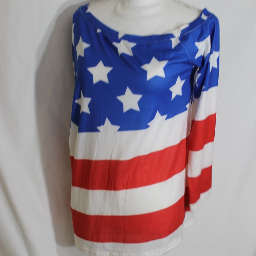 LEO ROSI American Flag Shirt Size Medium Red White & Blue Long Sleeve Round Neck